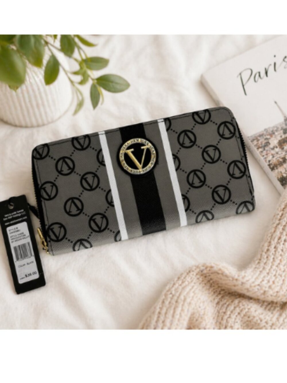 Vera New York Signature Zip Around Wallet Black Logo Stripe Womens NWT